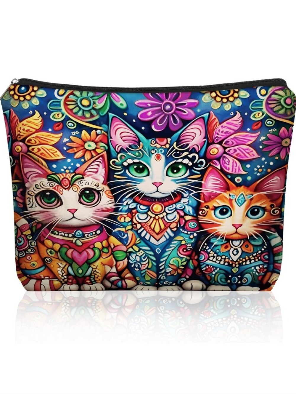 Colorful Floral Cats Zippered Pet Accessory Pouch